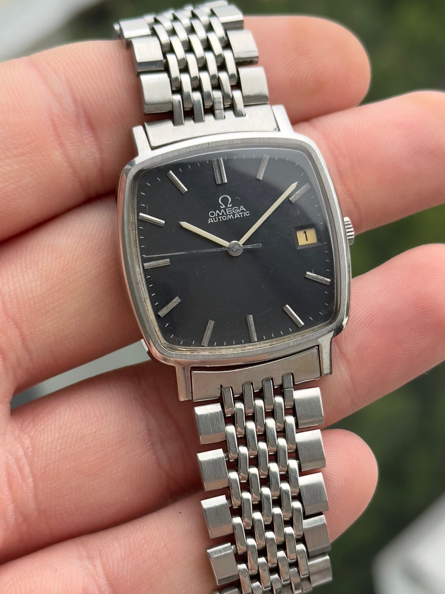 Omega Black Dial Square Case on Bracelet