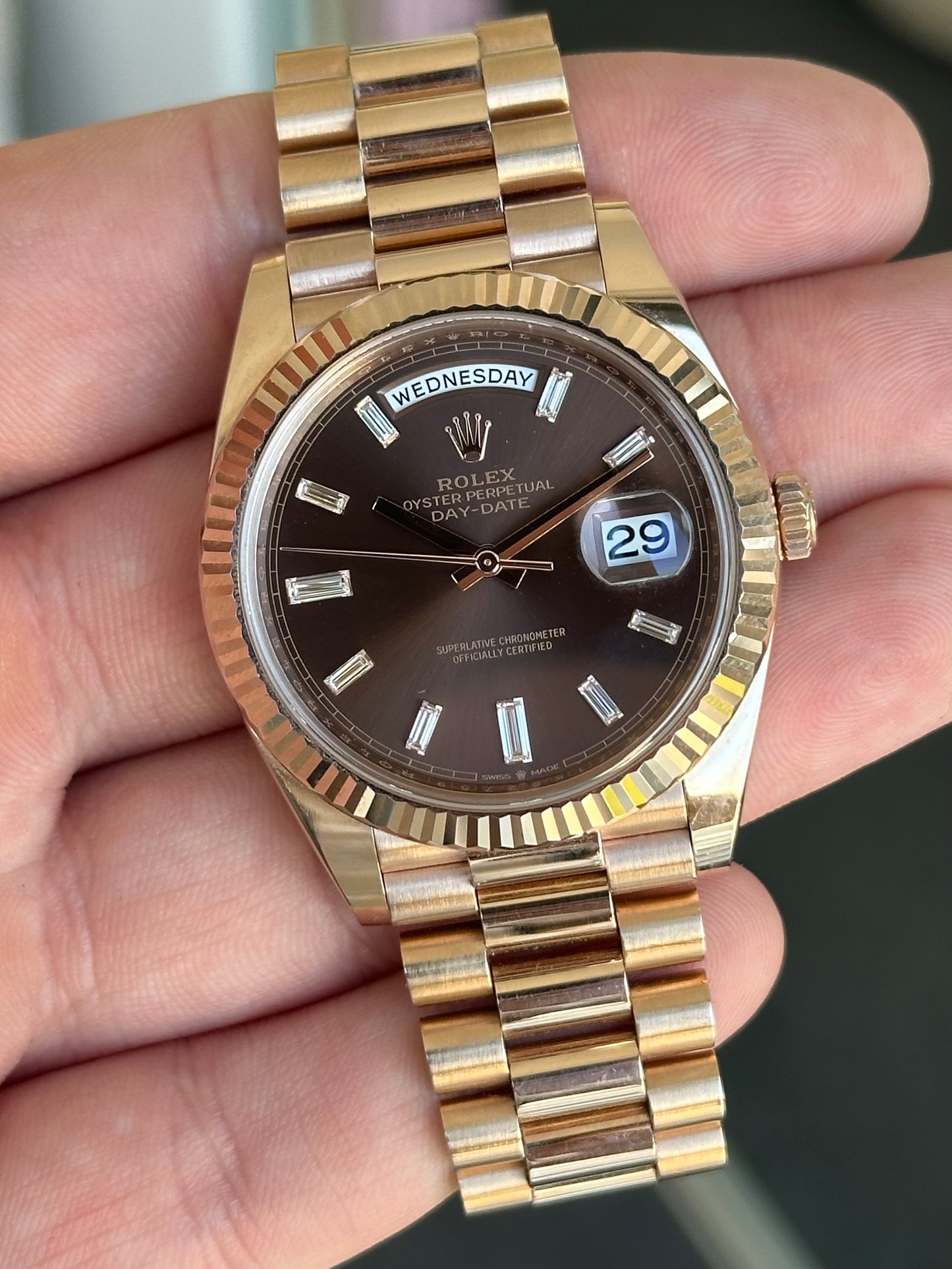 Rolex Day-Date 40 Rose Gold Chocolate Diamond Dial