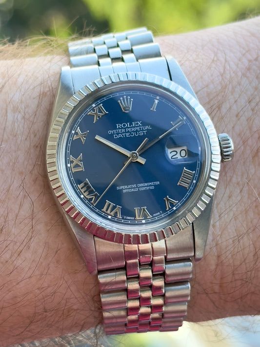 Rolex Datejust Blue Roman Engine Turned Bezel 1986 16030