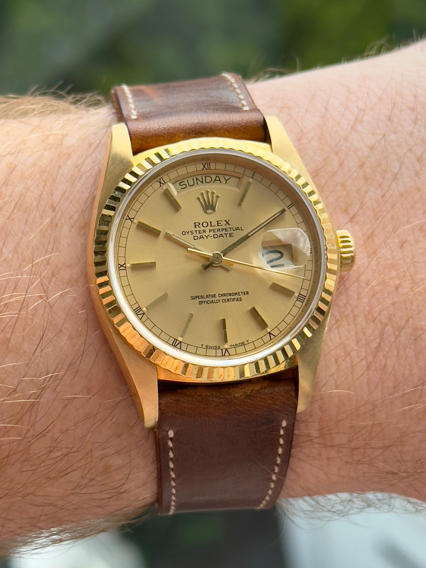 Rolex Day Date 18038 Gold Roman Numeral Minute Track Dial