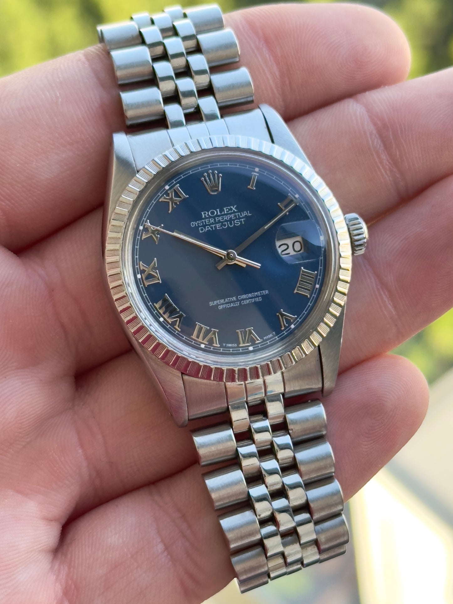 Rolex Datejust Blue Roman Engine Turned Bezel 1986 16030