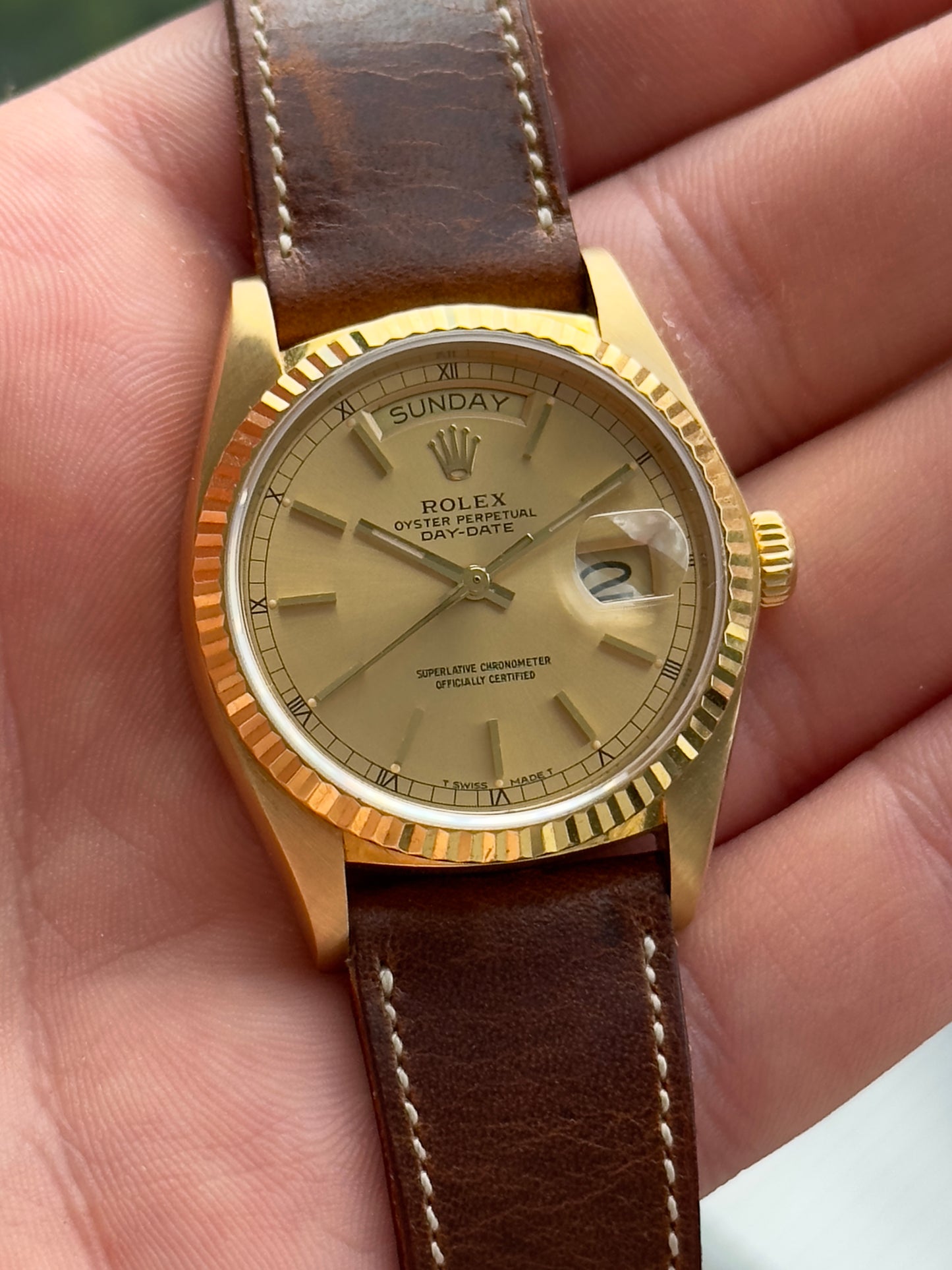 Rolex Day Date 18038 Gold Roman Numeral Minute Track Dial