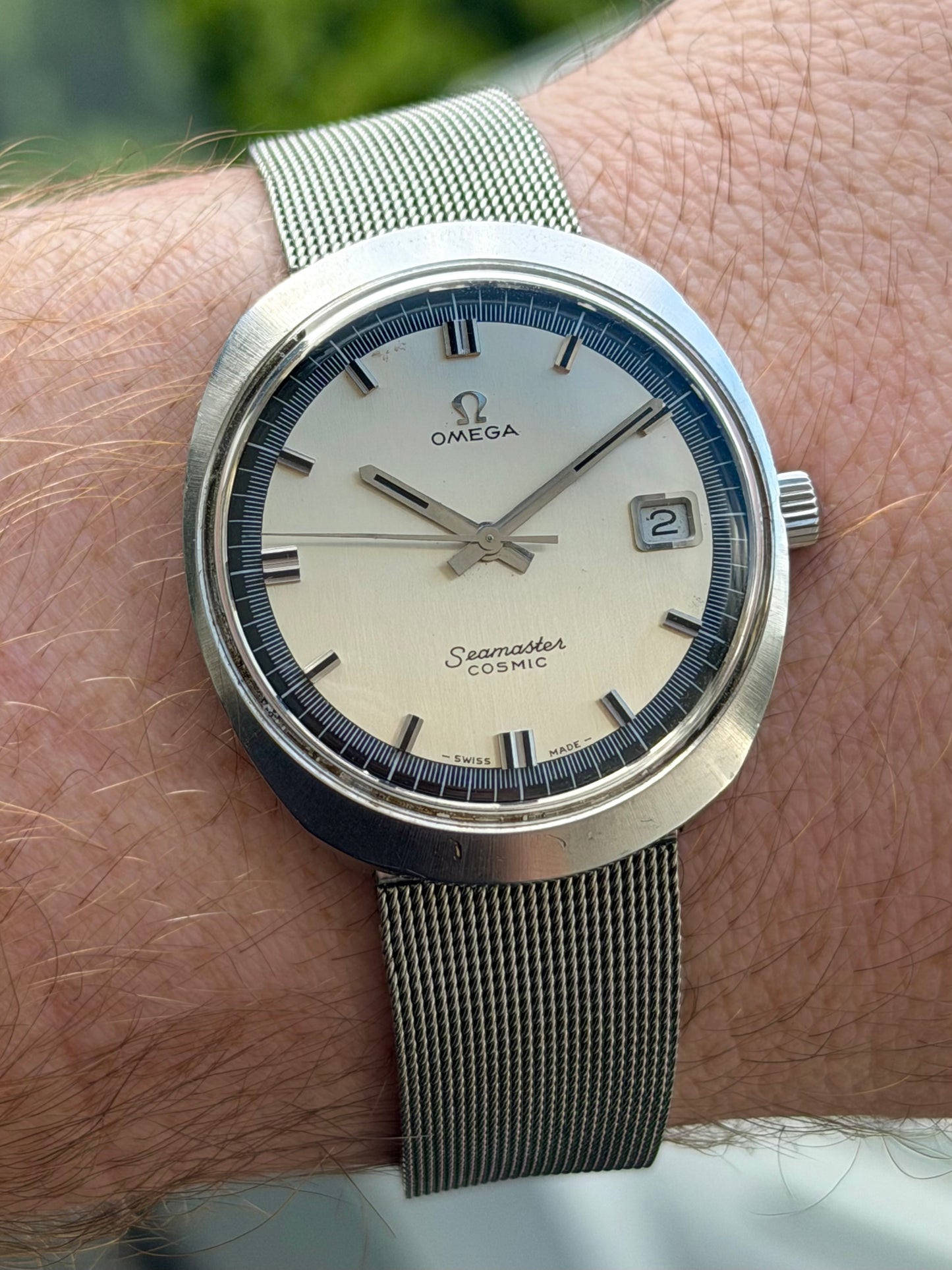Omega Seamaster Cosmic Blue Outer Track on Mesh Bracelet