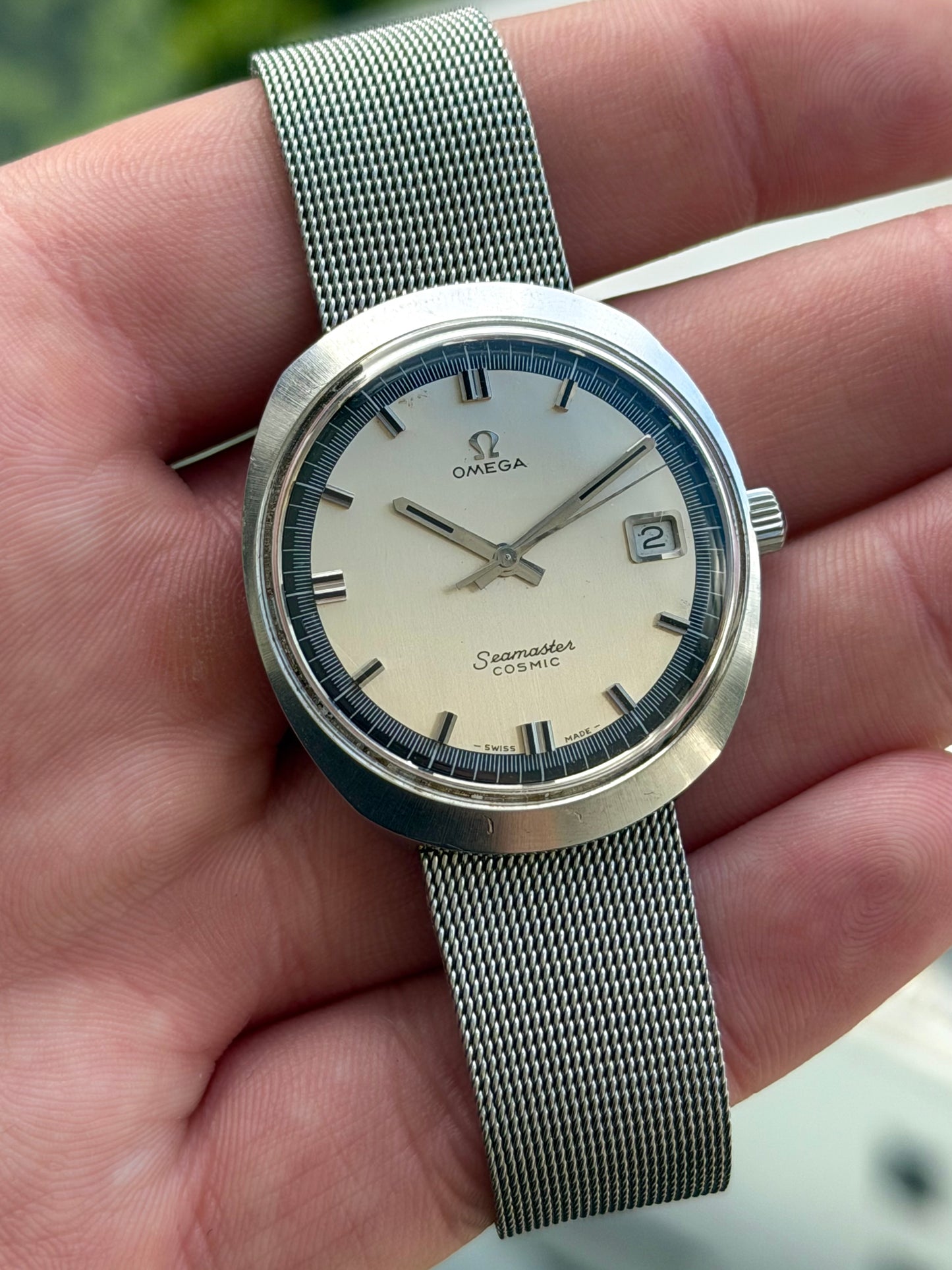 Omega Seamaster Cosmic Blue Outer Track on Mesh Bracelet