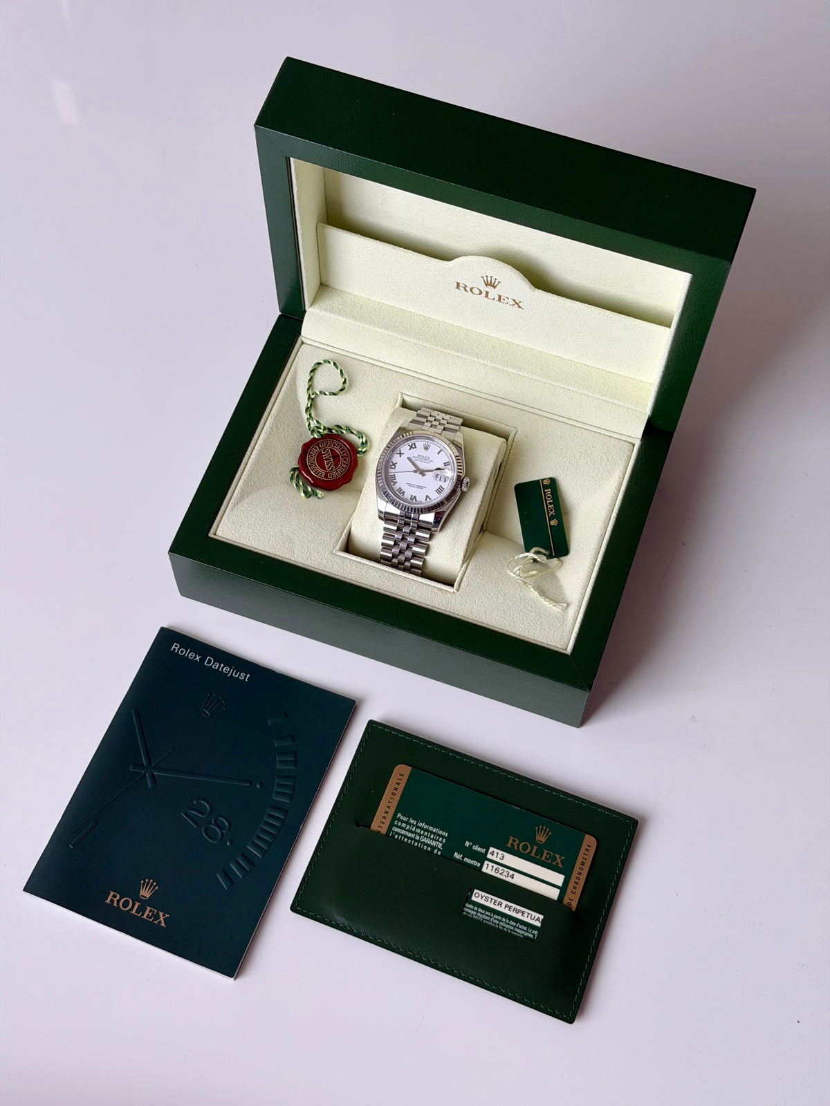 Rolex Datejust 36 Hidden Clasp White Roman Numeral Dial Full Set 2012