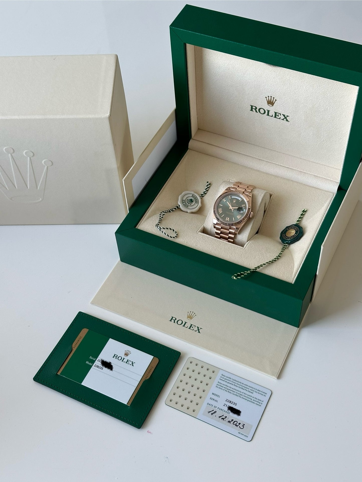 Rolex Day-Date 40 Rose Gold Olive Green Dial 2018 Box and Papers