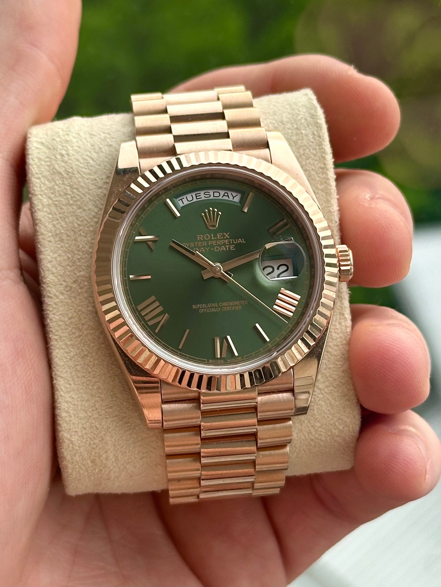 Rolex Day-Date 40 Rose Gold Olive Green Dial 2018 Box and Papers