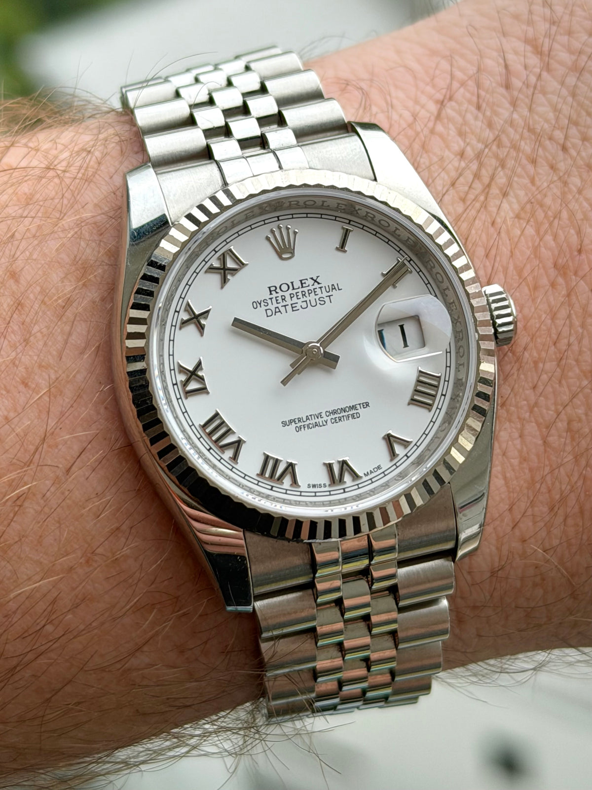 Rolex Datejust 36 Hidden Clasp White Roman Numeral Dial Full Set 2012
