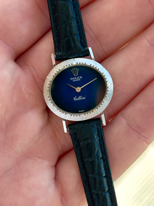 Rolex Cellini Blue Lacquer Vignette Dial 18k Gold