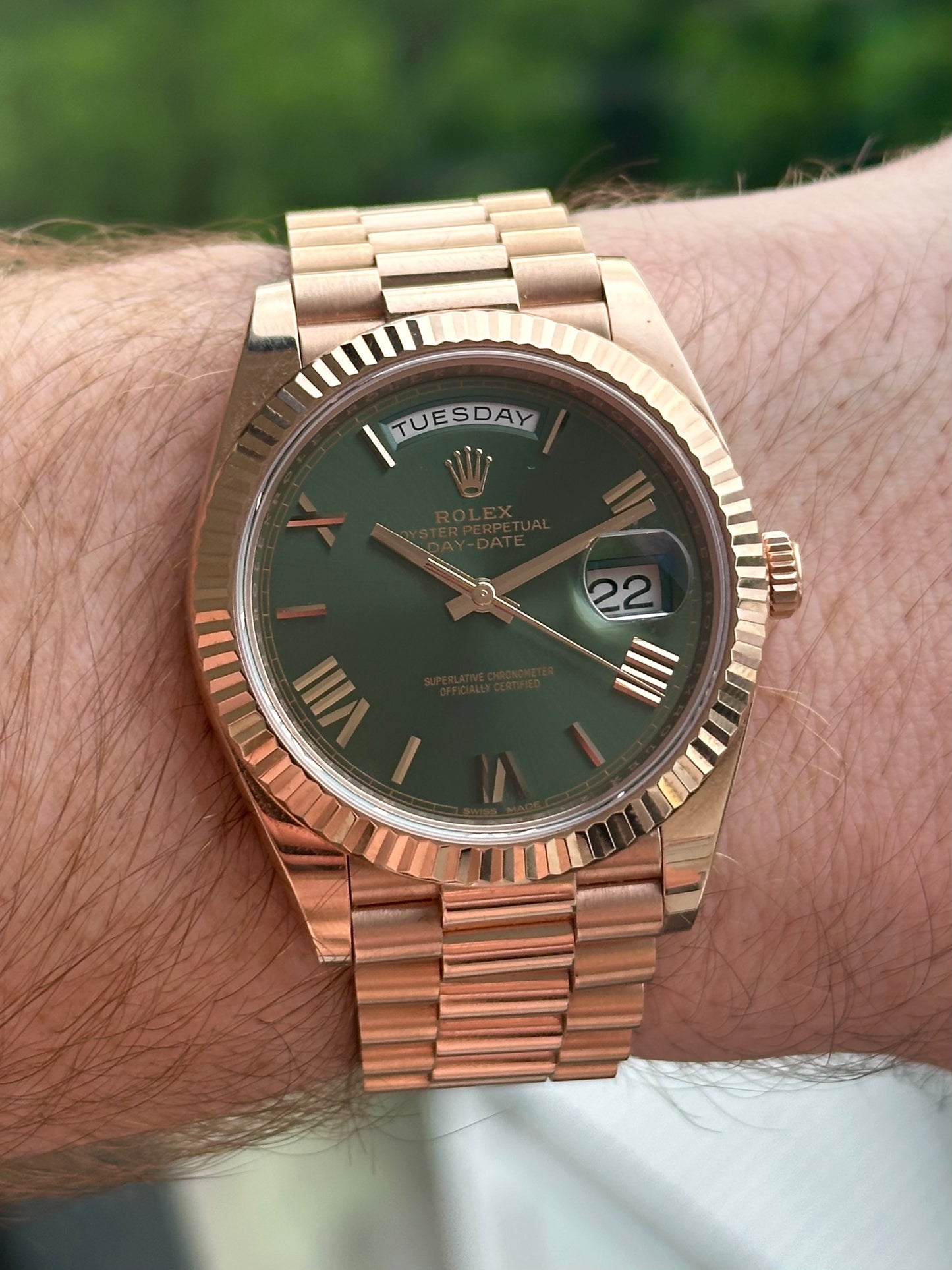 Rolex Day-Date 40 Rose Gold Olive Green Dial 2018 Box and Papers