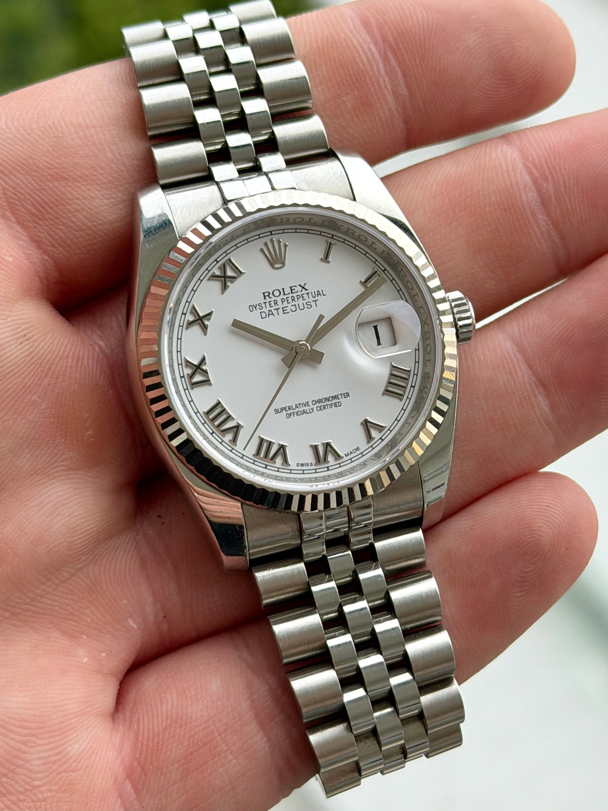 Rolex Datejust 36 Hidden Clasp White Roman Numeral Dial Full Set 2012