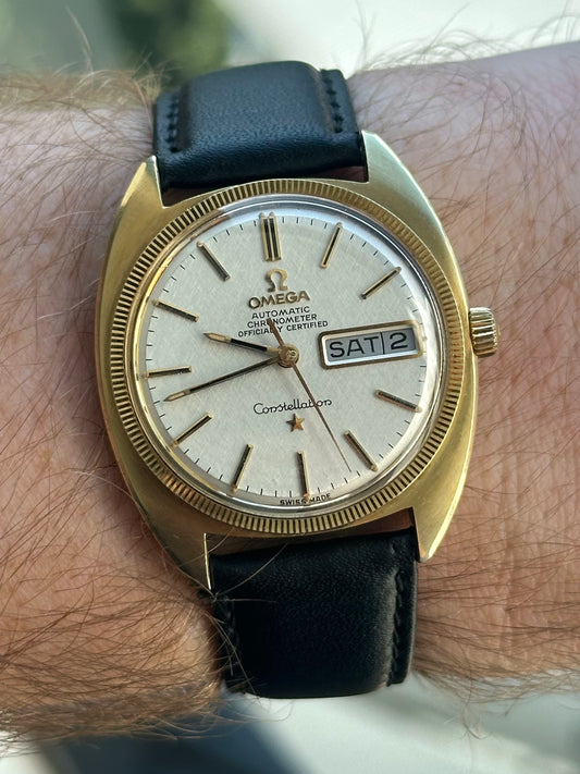 Omega Constellation White Linen Dial Gold Bezel 168.029